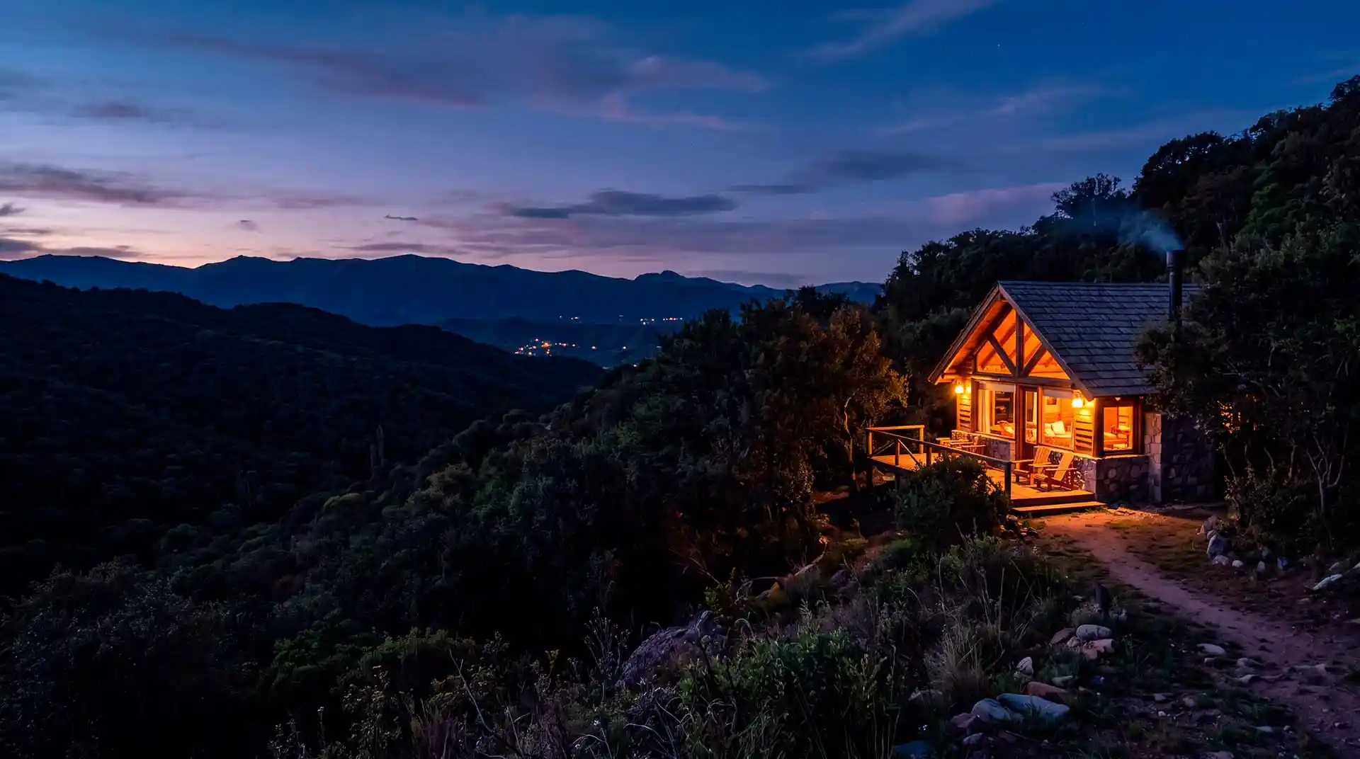 La cabaña al anochecer sobre el valle